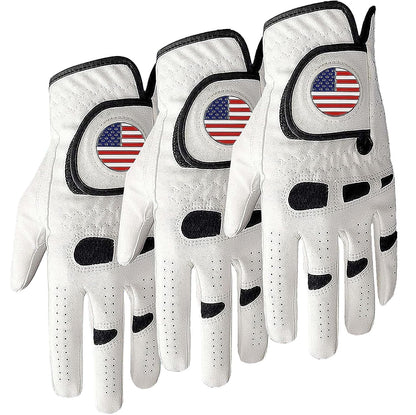 Amy Sport Golf Gloves Men Left Hand Right Handed Golfer 3 Pack with Ball Marker Soft Leather Weathersof Grip Mens Glove Size S M ML L XL XXL 3XL (3 Pack-White, Large, Worn on Left Hand)
