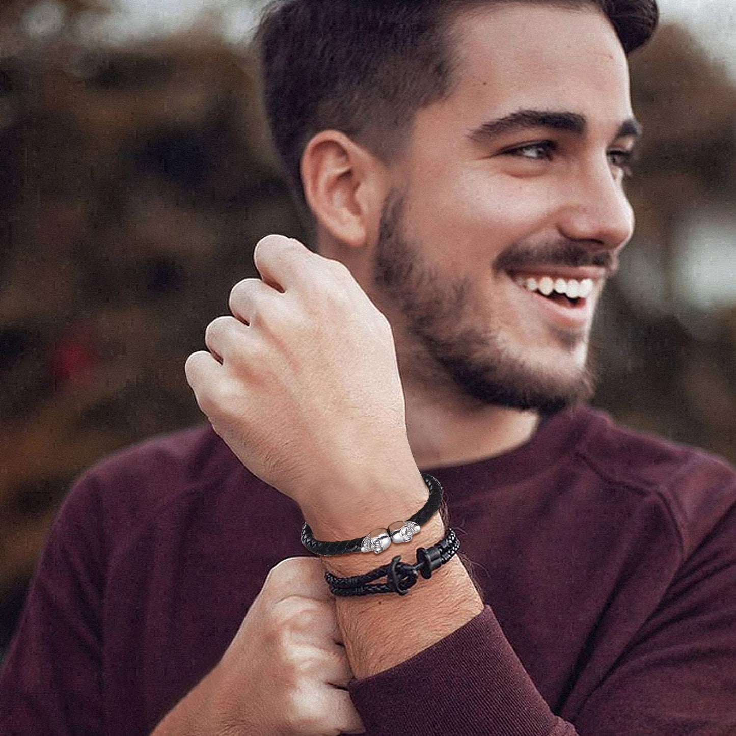 U7 Personalized Skull Bracelets Men Biker Surfer Bracelet Bangle with Stainless Steel Clasp, Braided Black Leather Gothic Twin Skeleton Cuff Bracelet (8.3")