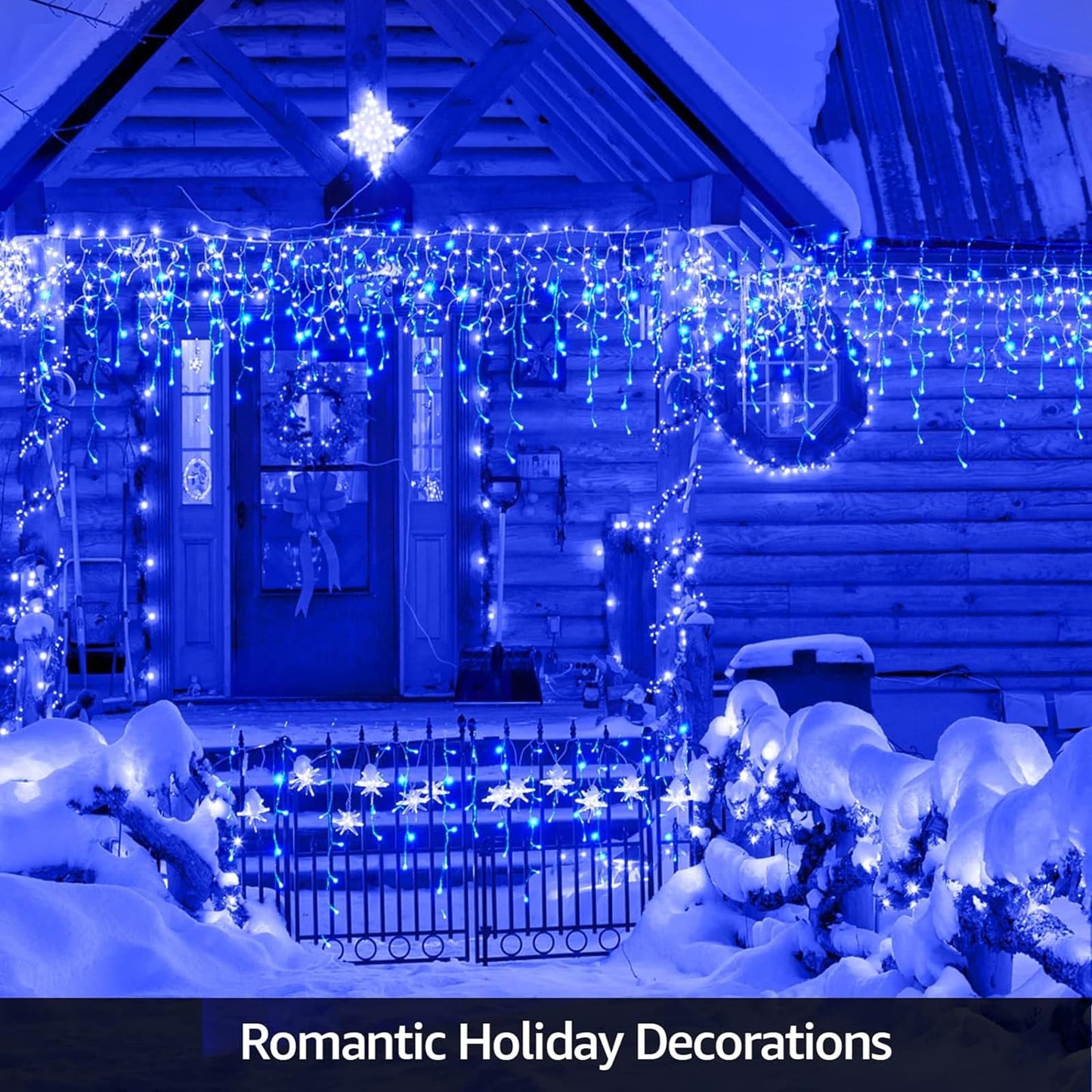 KiflyTooin Solar Christmas Lights Outdoor Waterproof Christmas Decorations Curtain Lights 320LED 29.5ft 60 Drops, Solar Powered Rechargeable Fairy Lights for Party, Wedding, Home Decorations(Blue)