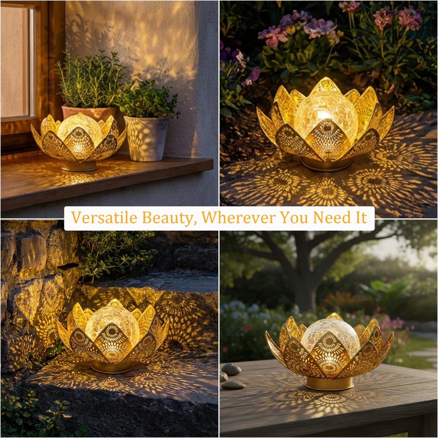 Cubular Solar Lights Outdoor Waterproof IP65 - Lotus Flower Lantern with Crackle Glass & Metal Petals, Garden Decor for Patio, Pathway, Lawn - Auto On/Off Gift for Women, Mom, Housewarming