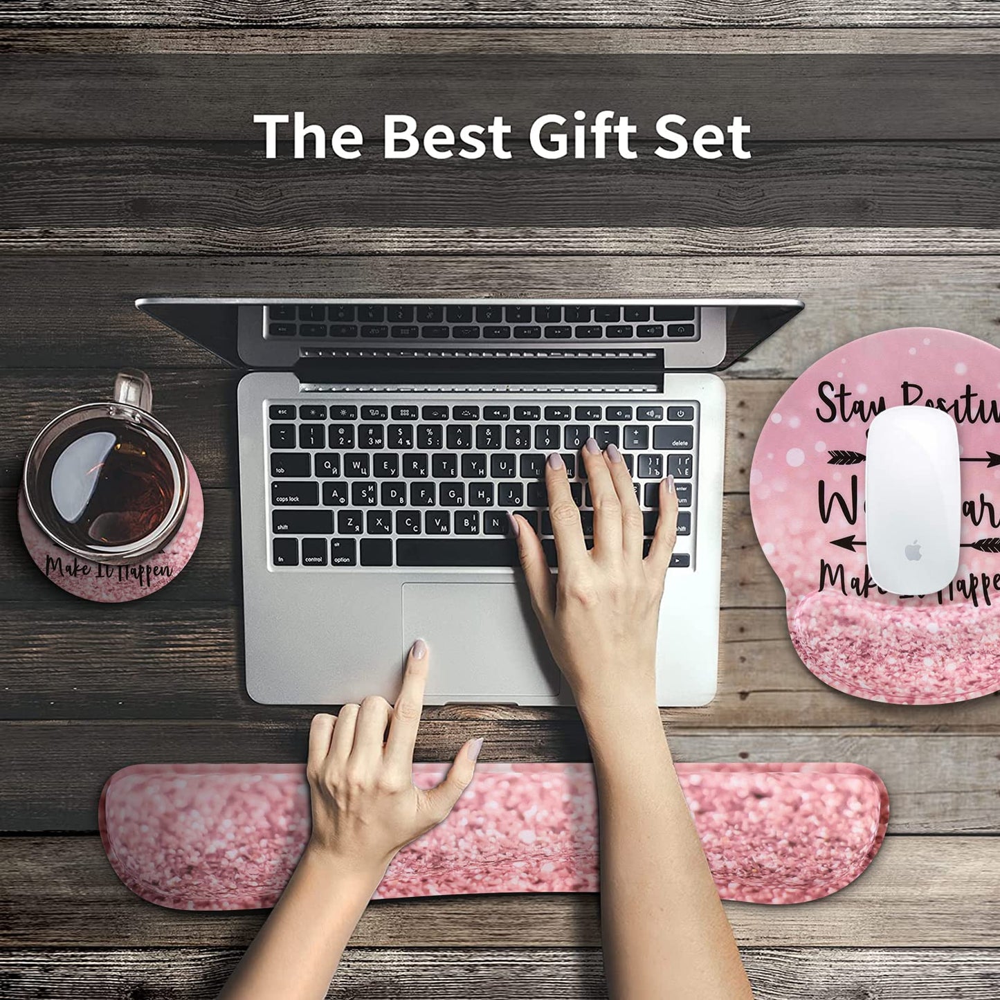 iCasso Mouse Pad,Large Pink Desk Mat Set, 4in1 XXL Mousepad + Keyboard Wrist Rest+Mouse Wrist Rest+Coaster with Ergonomic Desk Pad for Home Office Table Computer Cover -Pink Stay Positive