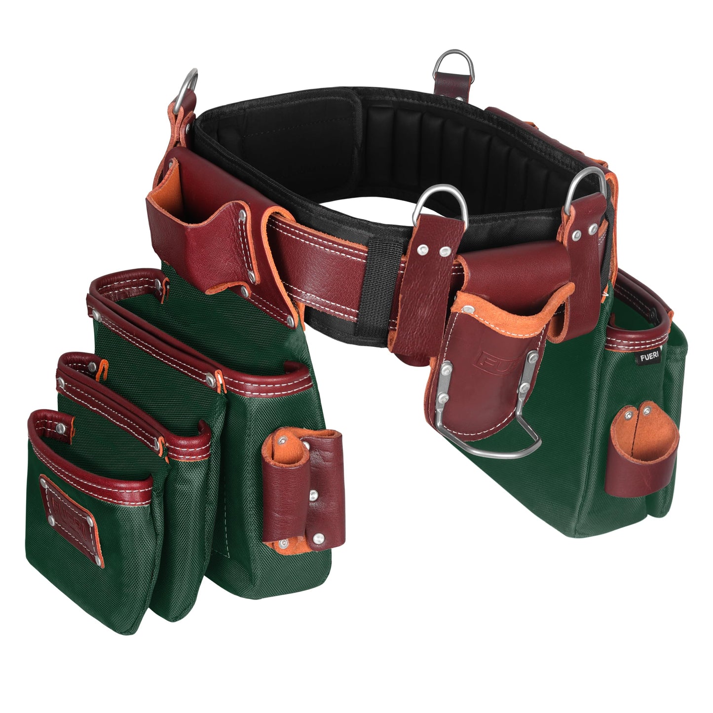 FUERI Electrician's Heavy Duty 26 Pocket Leather-Nylon Tool Belt & Bag Combo for Men, Comfort Back Support Padded Belt, 2 Large Storage Capacity Pouches, Best for Framers, Carpenter, Roofing