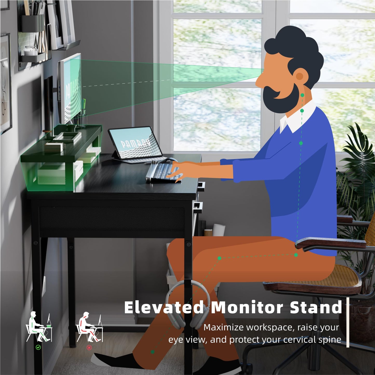 Pamray 32 Inch Small Computer Desk with Monitor Stand Home Office Desks with 2 Drawers for Bedroom Study Writing and Work Table for Small Spaces Black