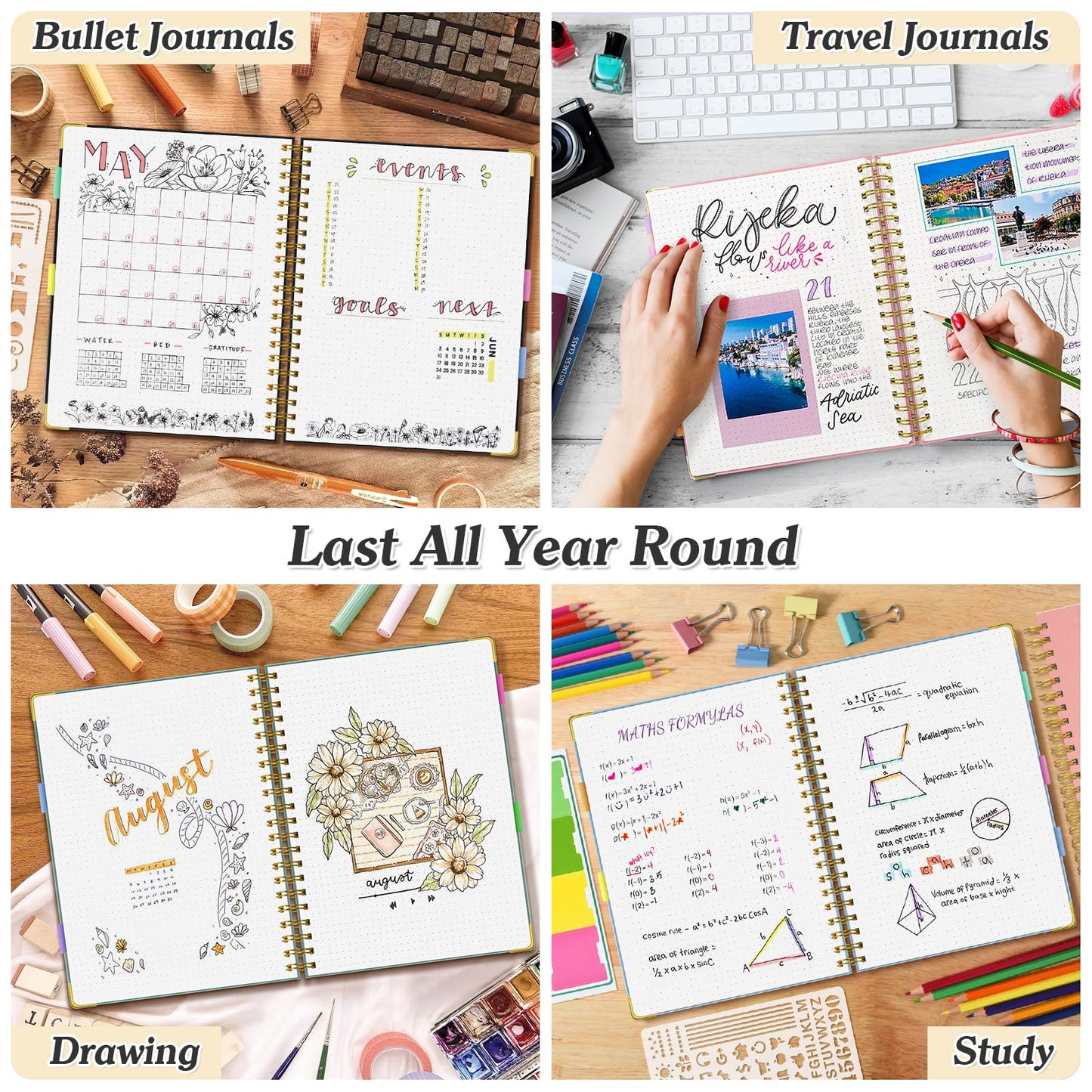 Bullet Dotted Journal Spiral Notebook, 300 Pages Leather Notebooks with Contens, 120 GSM Thick No Bleed Through Paper Journals, A5 Dot Grid Notebook for Women Men School Work Writing, 5.5" x 8", Black