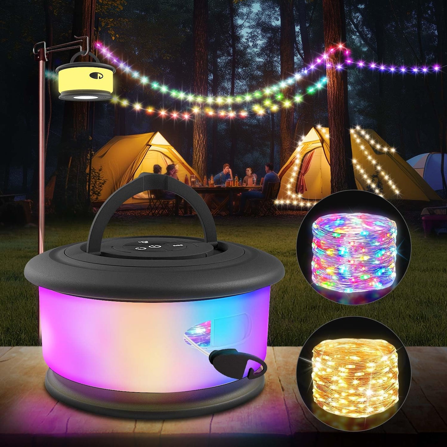 Camping String Lights,2 in 1 Upgraded 32.8FT Rechargeable Tent Lights String with 19 Lighting Modes,Quick Storage camping lights，Portable LED Lamp for Bedroom Yard Decor Christmas Camping(Black)
