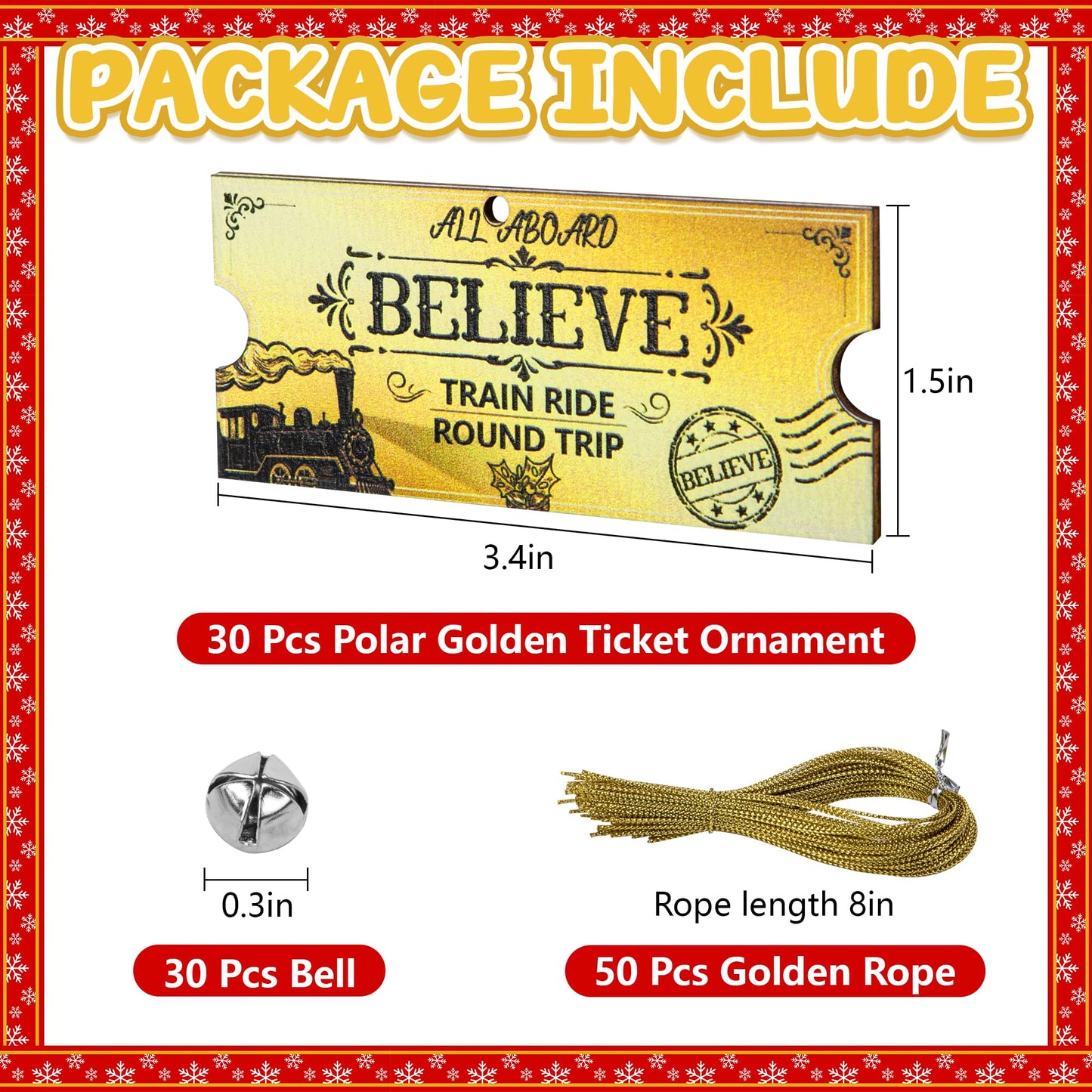 Mizelu 30 Set Christmas Polar Golden Wooden Tickets, North Pole Train Ticket Ornaments with Bells and Ropes, Christmas Believe Train Decoration for Xmas Holiday Party Favor Supplies (Golden)