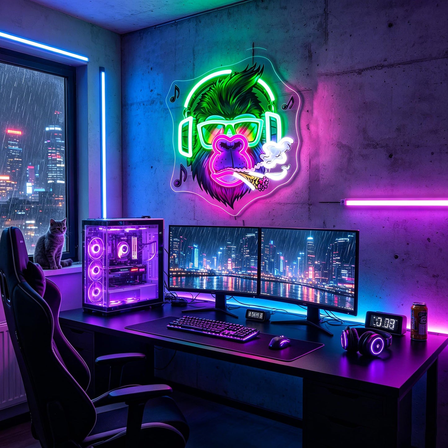 Gdbkabf Neon Sign, Gorilla Neon Signs for Wall Decor - Gorilla with Headphones LED Light for Game Room/Man Cave/Bar/Club - USB Powered Light Up Sign Decorations