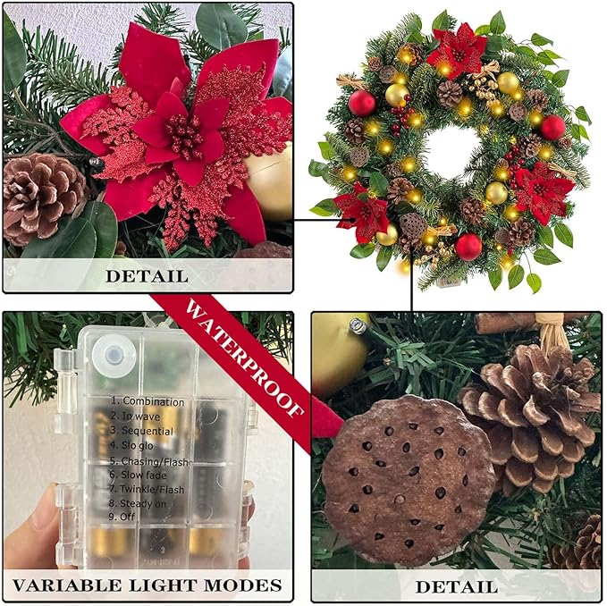 WANNA-CUL Pre-Lit 24 Inch Lighted Christmas Wreath for Front Door Luxury Red Gold Christmas Door Wreath Decoration with Ball Ornaments, Poinsettia Flowers,Berries, and Lotus, Battery Operated 30 LED