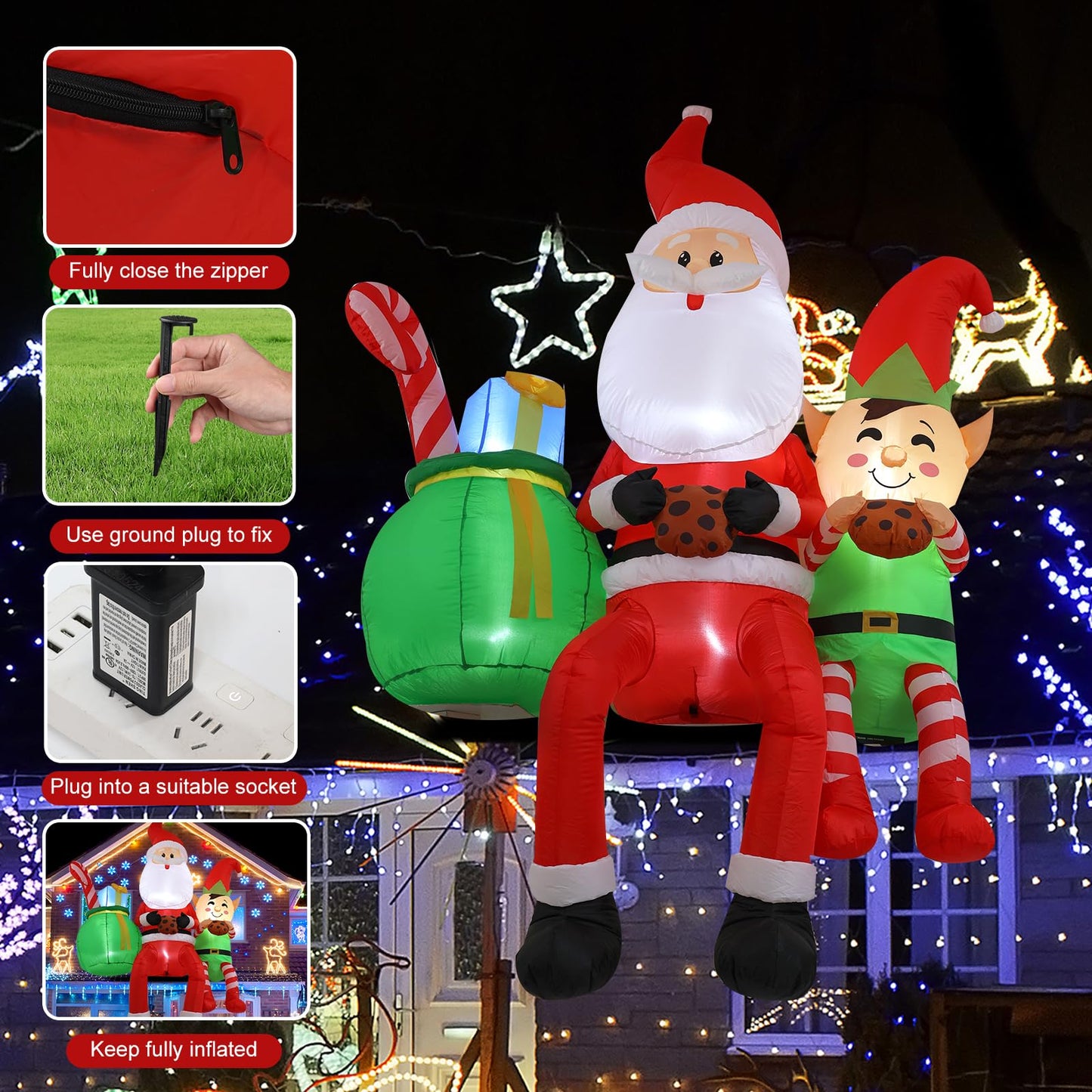 InfleasJoiy 8FT Santa Claus Sitting on the Roof Christmas Inflatable Decoration with LED Lights, Suitable for Holiday Celebration Decorations in Courtyards, Lawns, Terraces, etc.