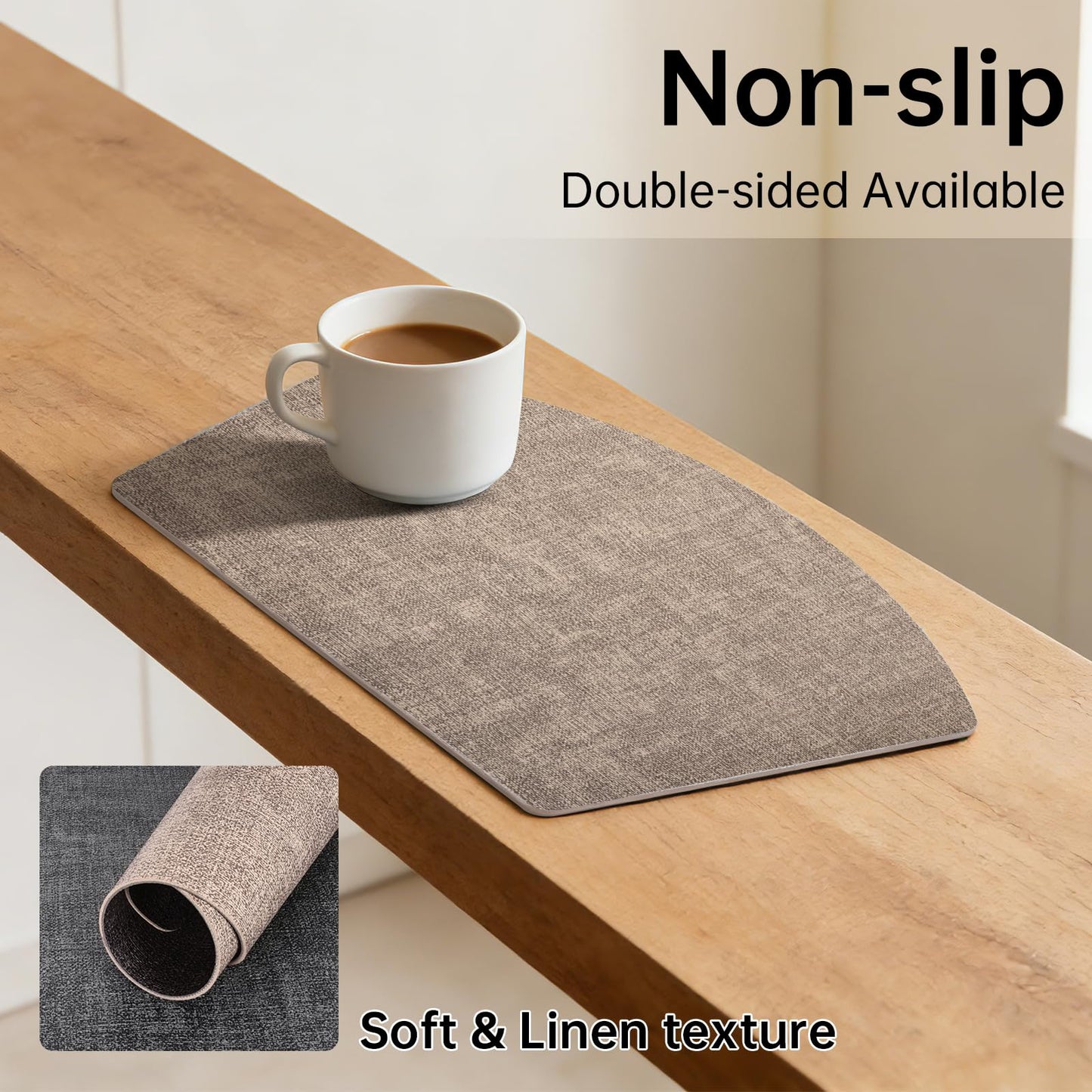 Round Table Placemats Set of 4, Dual-Sided Wedge Shape Faux Leather Table Mats, Washable Wipeable Heat Resistant Place Mats for Outdoor Indoor, Camel Gray