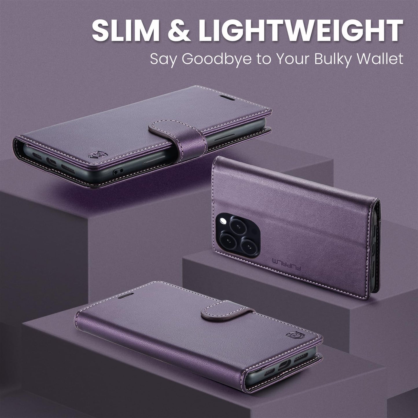 FLIPALM Wallet Case for iPhone 15 Series, RFID Blocking Credit Card Holder, PU Leather Folio Flip Kickstand Protective Shockproof Cover for Apple 15 Series (Purple, iPhone 15 Pro Max - 6.7")