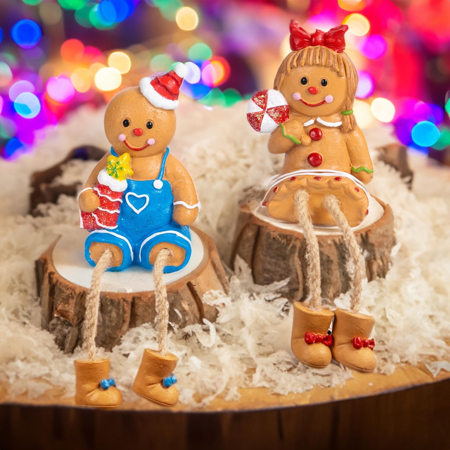Dazzle Bright Christmas Figurines, Set of 2 Resin Gingerbread Man Sitters with Dangling Legs, Xmas Table Fireplace Shelf Sitters Decorations Sitting Figurines Ornament for Indoor Home Decor