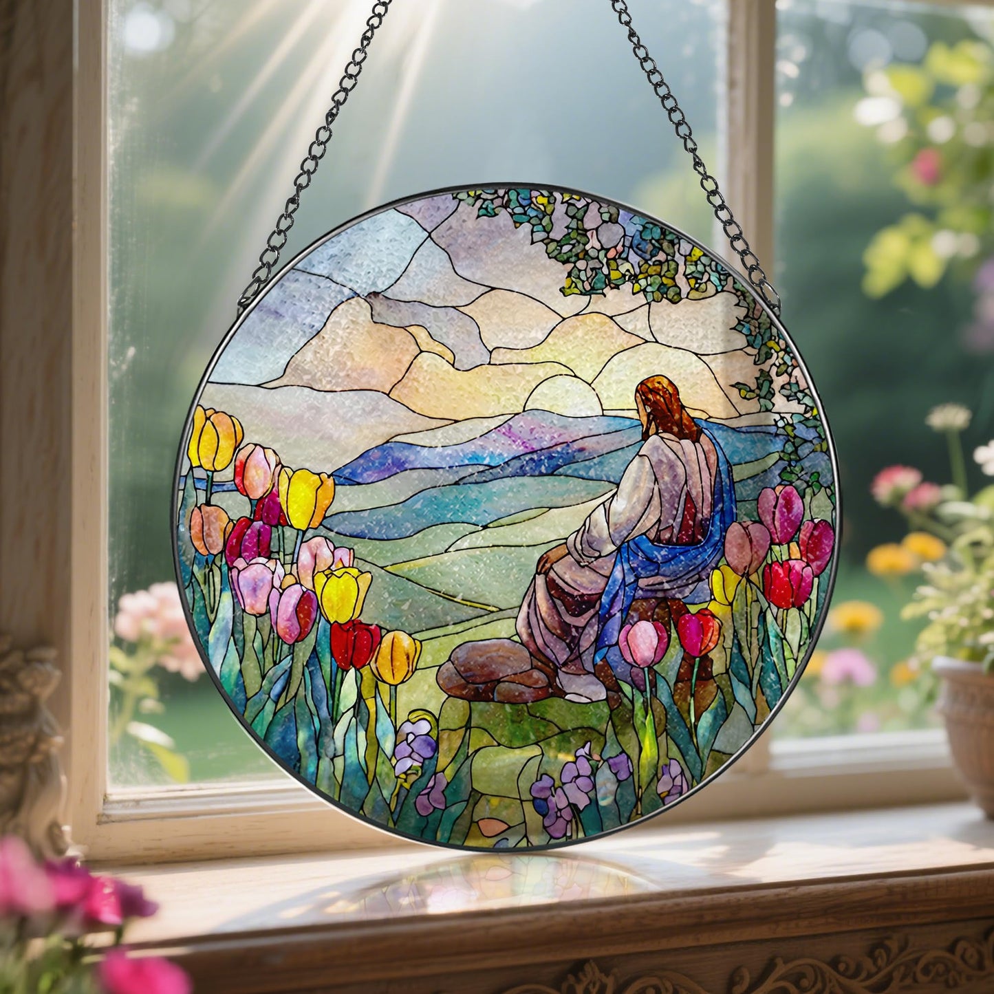 Stained Glass Suncatcher, Jesus and Sunrise Sun Catcher Ornament; Stained Glass Window Hanging, Christmas Ornament, Christian Home Decor; Baptism Gift, Christian Gifts, Religious Gifts