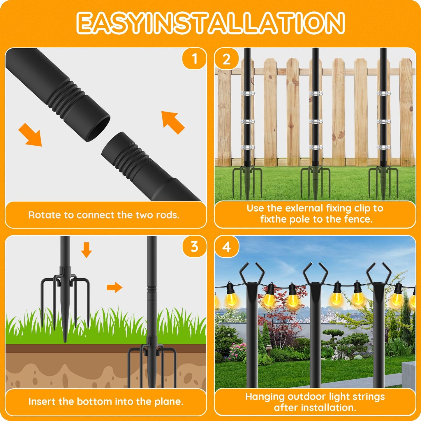 AHRLHR 2 Pack String Light Poles,Poles for Outdoor String lights10 Ft Metal Poles with Fork for Outdoor String Lights,Outdoor Light Poles with Fork,Patio,Deck,Backyard