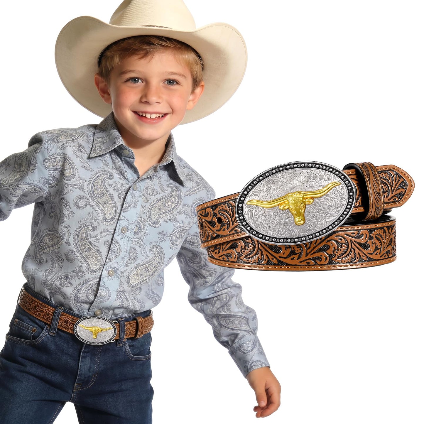 JKEEMI Kids Cowboy Belt for Boys Girls, Removable Buckle and Adjustable Embossed PU Leather Girls Boys Western Belt for Jeans