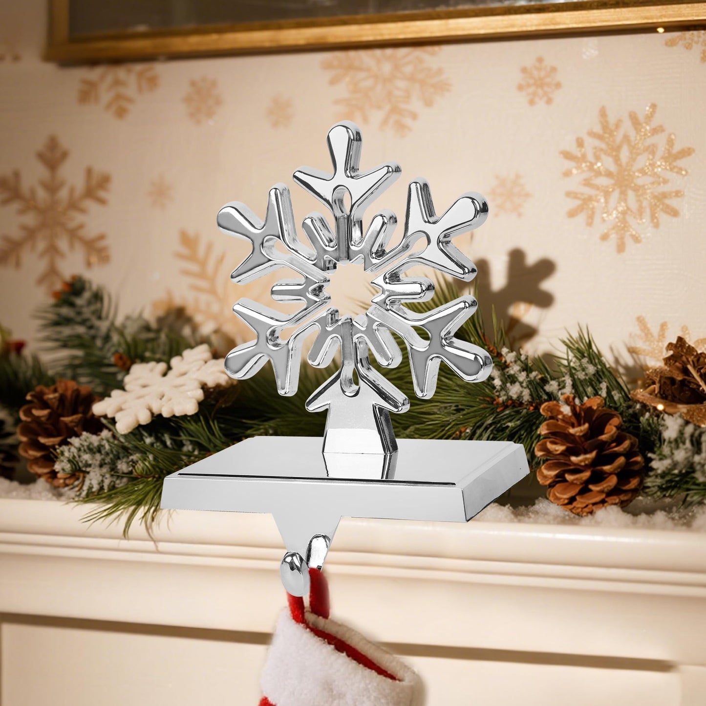 yofit 6 Pcs Christmas Snowflake Stocking Holder, Metal Christmas Stocking Hanger, 3D Sliver Stocking Hooks Non-Slip for Fireplace Mantel Window Christmas Home Xmas Party Decor