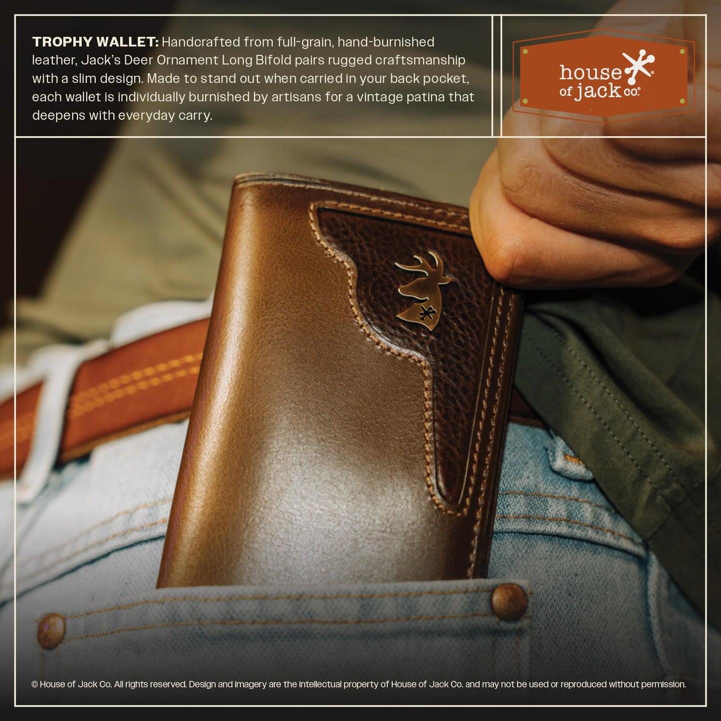House of Jack Co. Deer Ornament Long Bifold Wallet for Men, Full Grain Cowhide Leather Rodeo Wallet, Hunting & Outdoorsman Tall Wallet, Brown