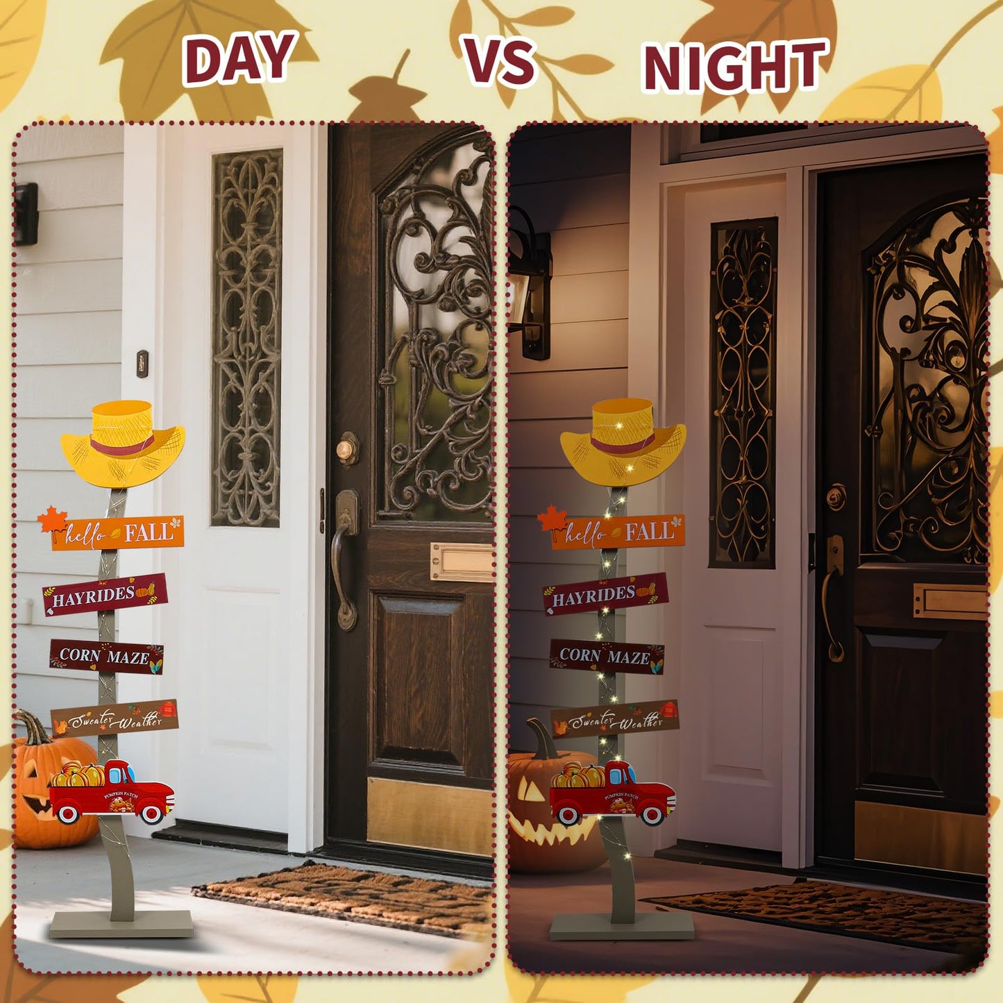 Lighted Wood Hello Fall Porch Sign,Fall Welcome Porch Decor,Autumn Maple Pumpkin Truck Sweater Weather Standing Wooden Signs for Harvest Thanksgiving Decor