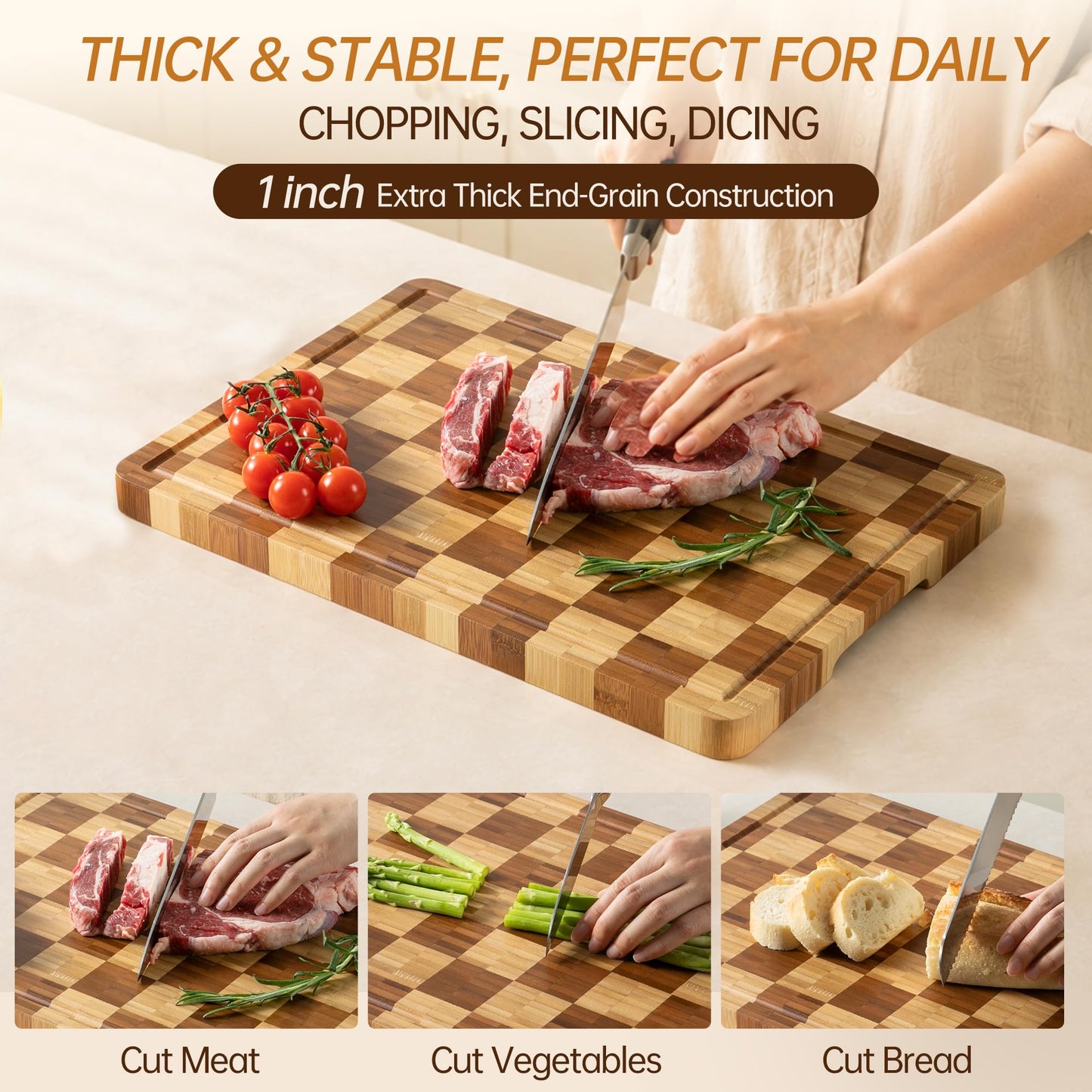 Bamboo Cutting Boards for Kitchen, End Grain Wood Cutting Board with Juice Grooves & Handles, Charcuterie Checkered Chopping Board Thick Butcher Block Serving Tray with Gift Box, 16.5"×11.6"× 1"