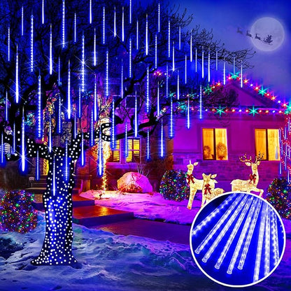 KNONEW Christmas Lights Outdoor, 15 inch 24 Tubes 672 LED Meteor Shower Lights Plug in Waterproof Falling Rain Light for Xmas Tree Wedding Party Garden Holiday Rooftop Decorations (Blue)
