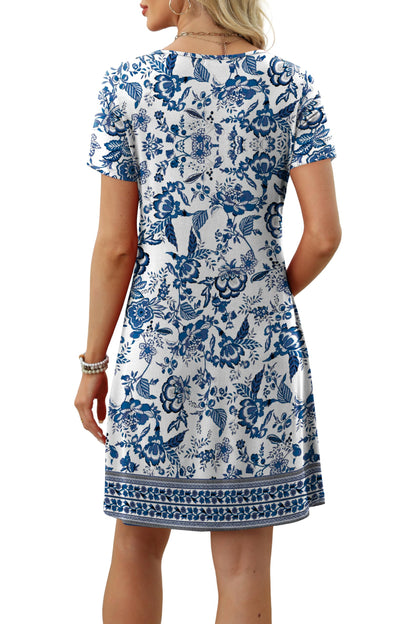 OFEEFAN Summer Floral Dresses for Women 2025 Beach Vacation Clothes Fashion U Neck Coverup Beach T Shirts Dress wih Pockets Casual Sundresses Floral 08 XL