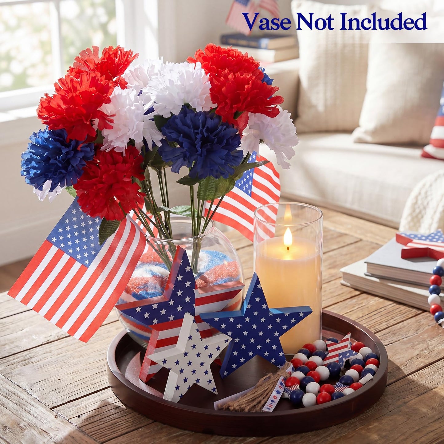 4th of July Decorations Centerpiece Table Decor, 250th Anniversary Patriotic Red White Blue Flowers with Mini Flags, Wooden Stars, Tray, LED Candle Bead Garland for Independence Day Party Home Decor