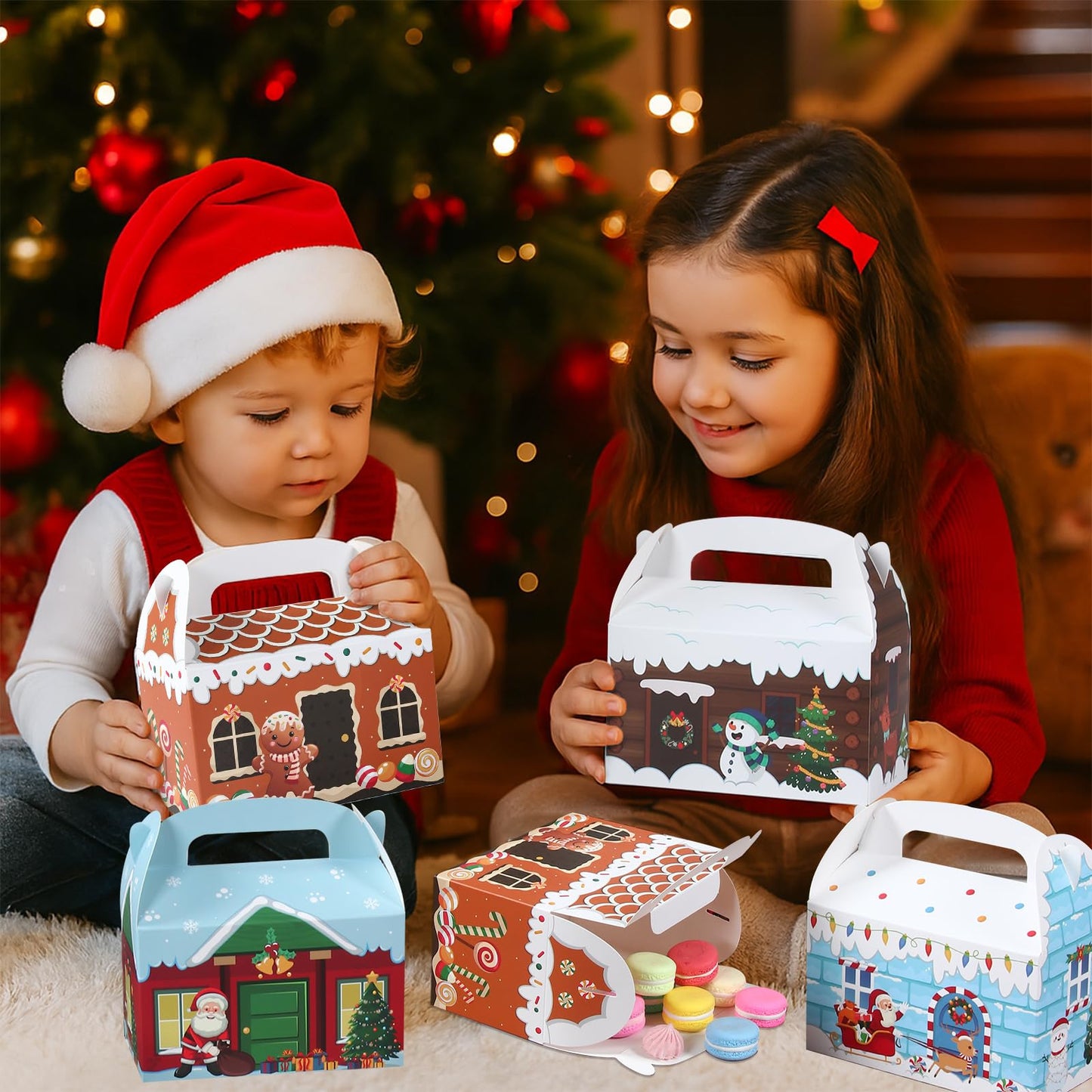 Patimate 24pcs Christmas Cookie Boxes for Gift Giving, 4 Style 3D Xmas House Cardboard Treat Boxes with Handles for Christmas Goodie Candy Holiday Party Favor Supplies