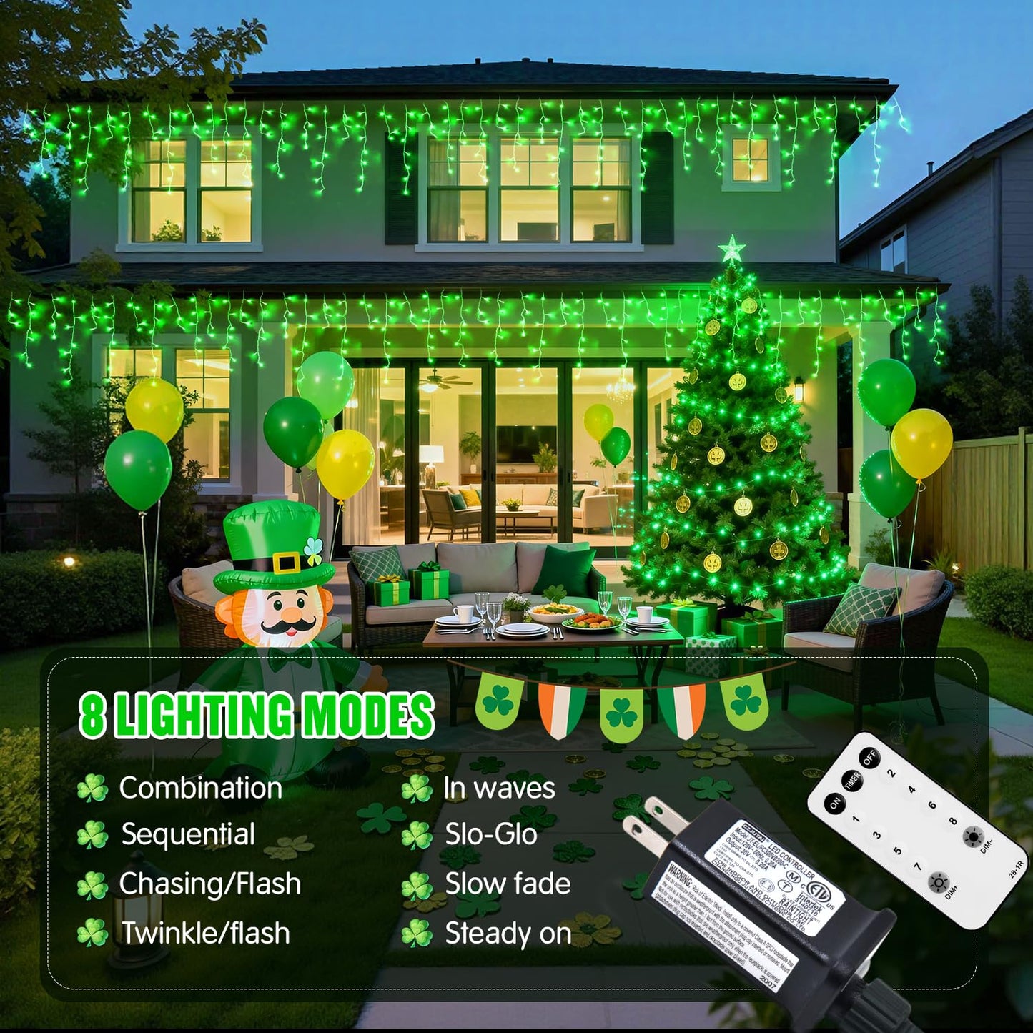 JMEXSUSS 400 LED 38.8F Green Icicle Lights for St Patrick's Day, Green Christmas Lights Indoor Outdoor, String Icicle Light for St Patrick House Fireplace Party Yard Decoration