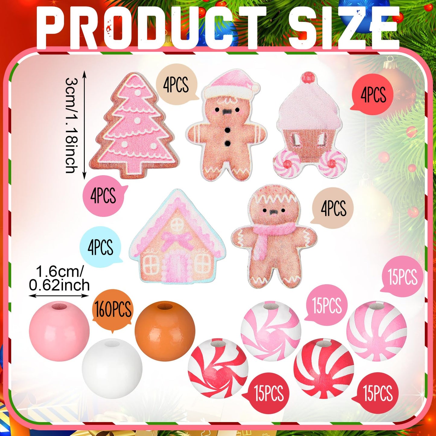 Cinnvoice 240 Pcs Christmas Wooden Beads Bulk for Craft Jewelry Making Round 16mm Santa Peppermint Swirl Beads for DIY Garland Holiday Tiered Tray Tree Decor(Gingerbread,Pink)