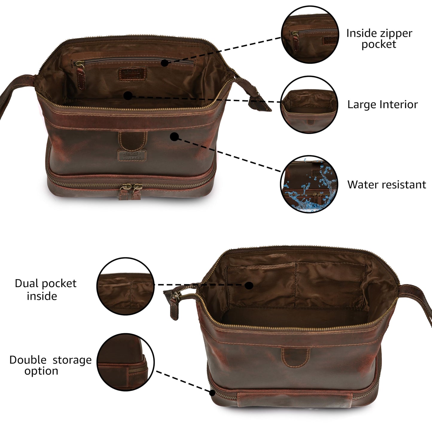 LEATHER VILLAGE Genuine Leather Dopp Kit – Large Travel Toiletry Bag with Waterproof Lining, Dual-Zip Design for Men & Women, Organizer for Shaving, Makeup & Essentials - Cherry