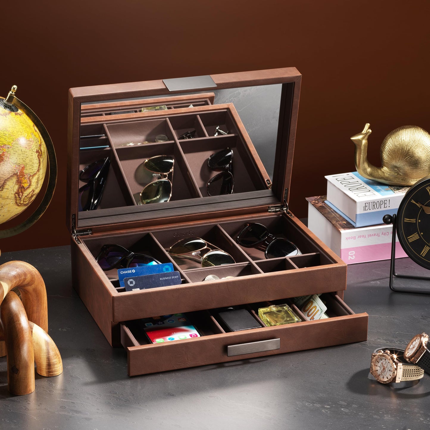 Glenor Co Mens Valet/Dresser Organizer - Luxury 12 Slot Jewelry Accessories Box, Carbon Fiber Design, Drawer Tray, Metal Buckle & Large Mirror for Men’s Watches, Sunglasses, Wallet - Pu Leather Brown