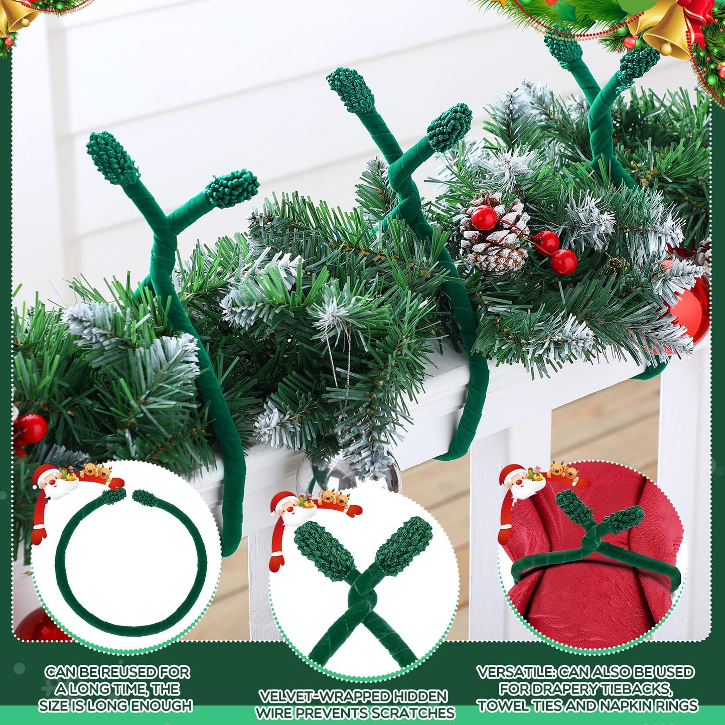 Zhengmy 16 Pcs 25 Inches Christmas Velvet Garland Ties Christmas Decorative Twist Ties for Banister Reusable and Flexible Twist for Xmas Home Decorations Holiday Craft Wrapping(Green)