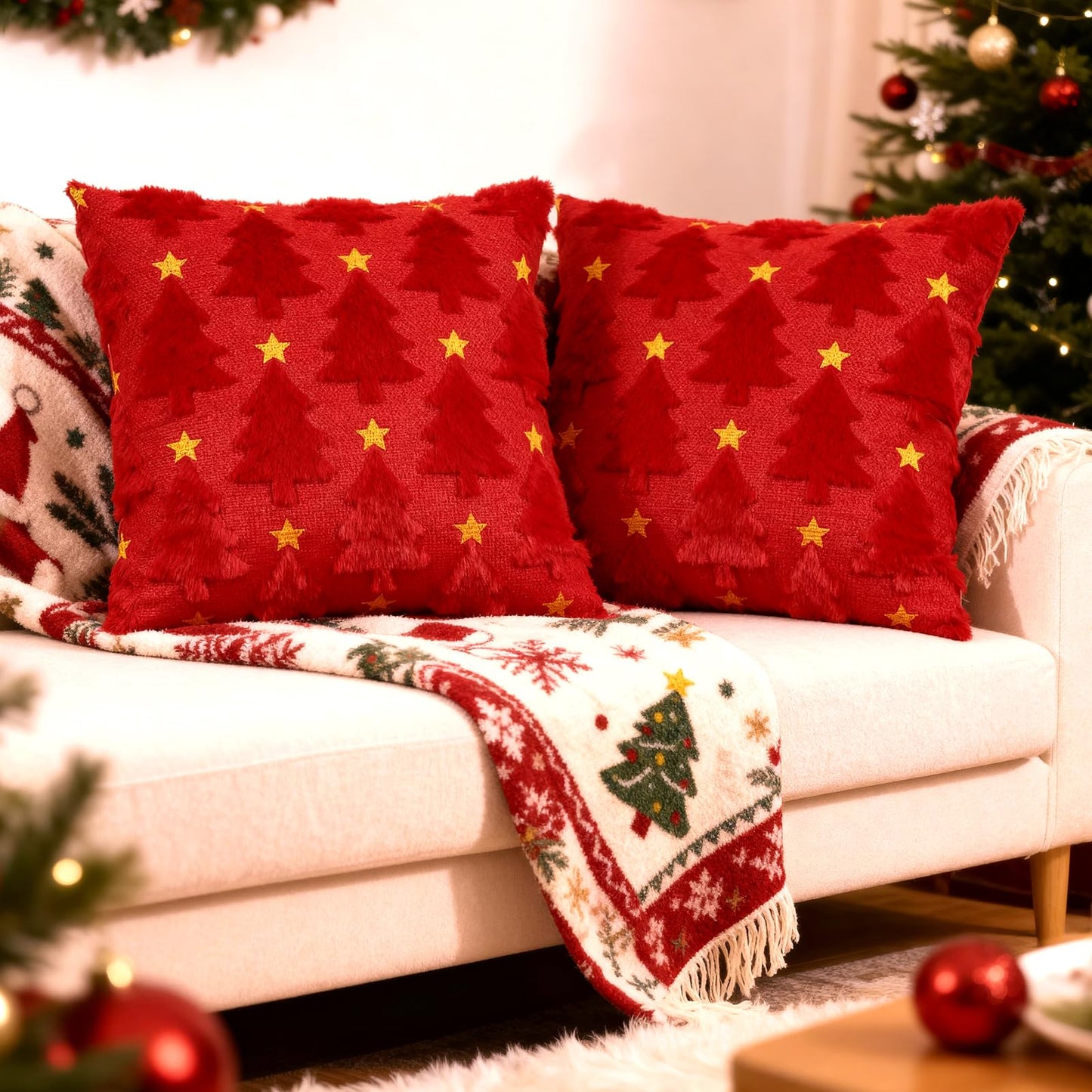 Hongsome Red Christmas Decor-Throw Pillow Covers 18x18in Set of 2,Soft Plush Faux Fur Pillow Case with Xmas Tree for Bedroom Large Couch Sofa Home Indoor Outdoor Holiday Decorations