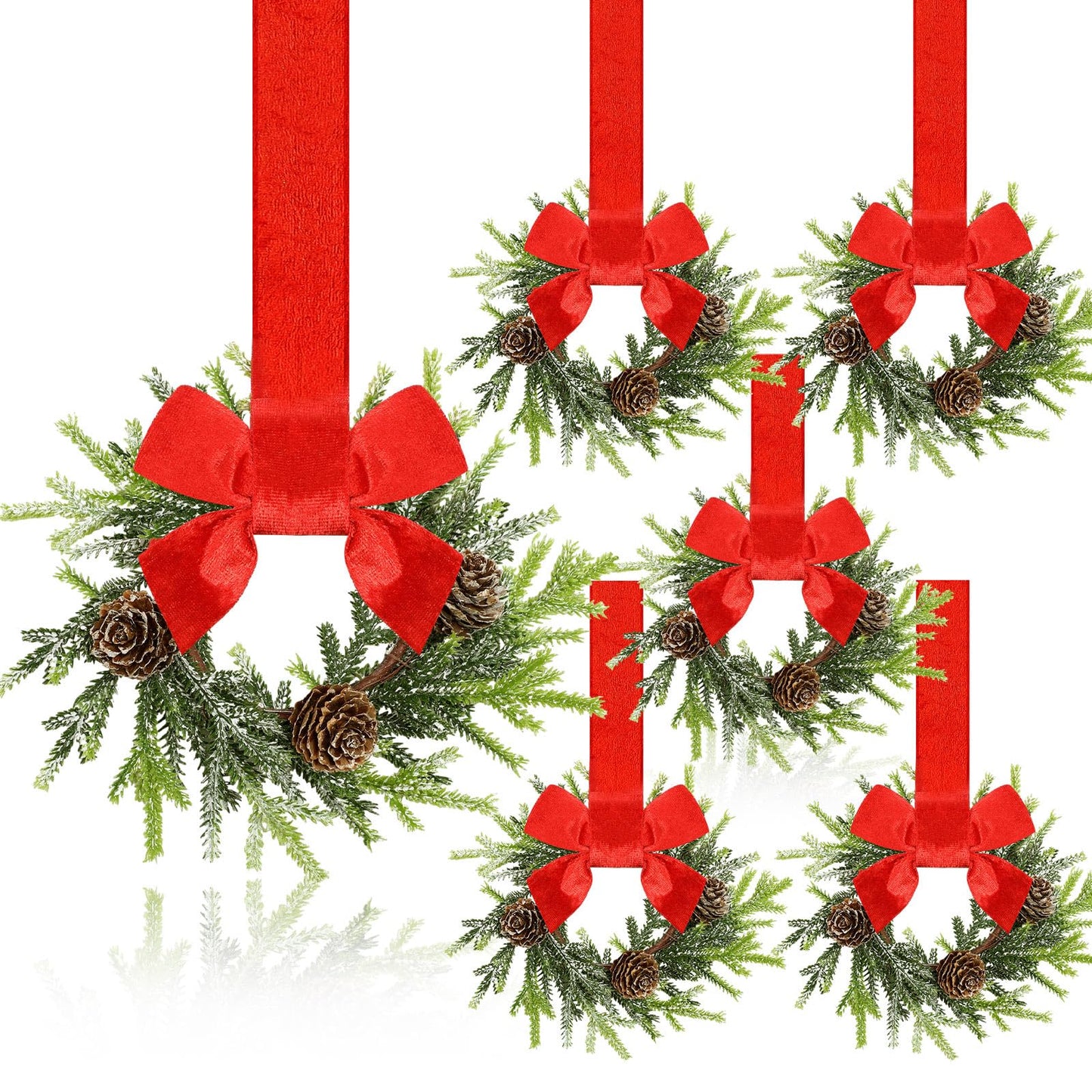 Dingion 6 Pcs 6 Inch Christmas Mini Cabinet Wreaths for Kitchen with Ribbon Bows Norfolk Pine Small Window Wreaths Garland for Door Window Farmhouse Christmas Party Decorations