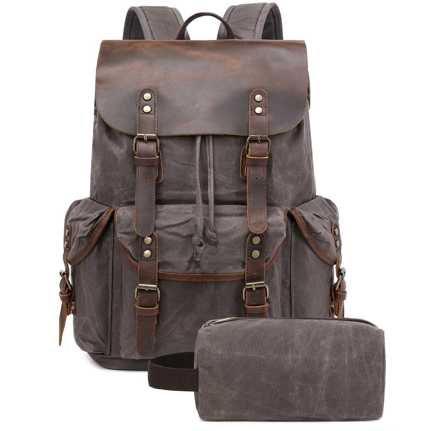 Yamons Genuine Leather Backpack for Men, Waxed Canvas Backpack Shoulder Rucksack with Toiletry Vintage Backpack for Travel,Camping, Hiking(Grey)