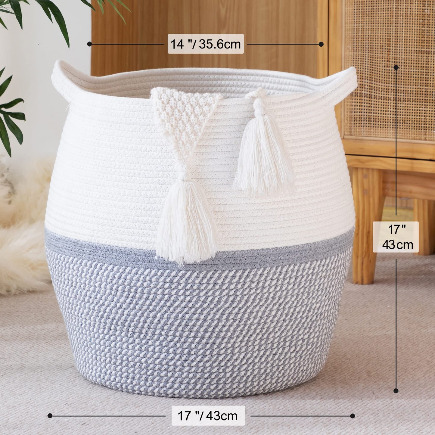 KAKAMAY Woven Baskets for Storage(17"x17"),Large Cotton Rope Woven Baby Laundry Hamper,Collapsible Laundry Basket, Blanket Basket for Organizing Living Room,Nursery,Pillows,Toy Chest(Grey)