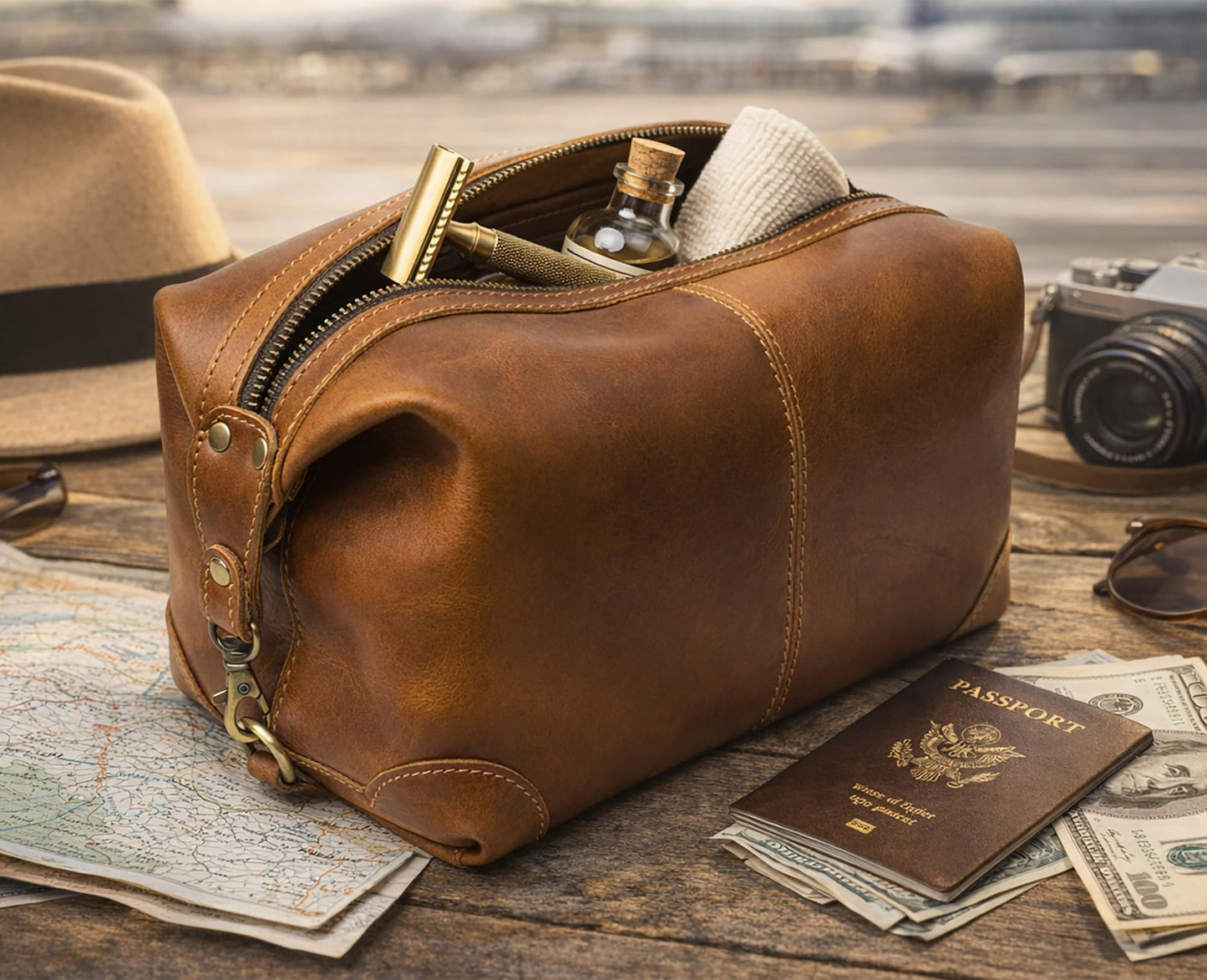 RUSTIC TOWN Full Grain Leather Toiletry Bag for Men & Women – Handcrafted Travel Dopp Kit – Large Water-Resistant Makeup & Shaving Organizer