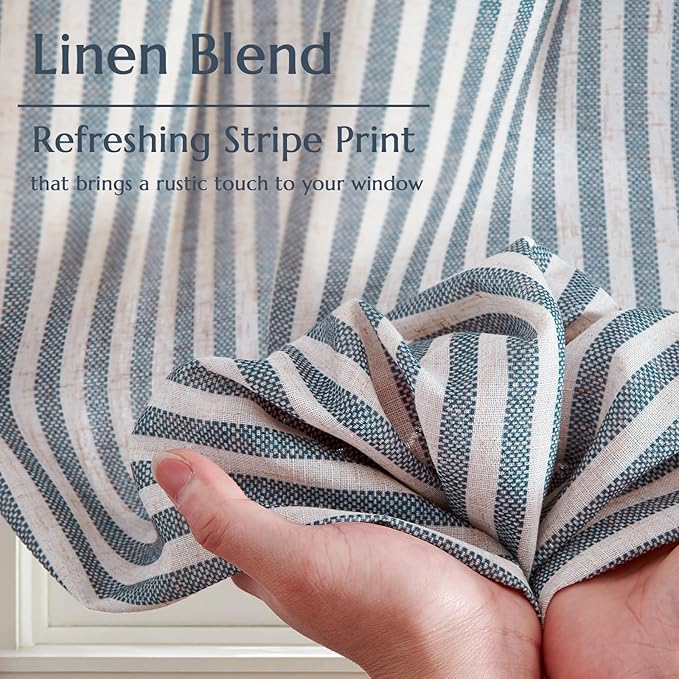 jinchan Striped Linen Kitchen Curtains 36 Inches Length Tier Curtains Farmhouse Modern Cafe Style Small Window Treatments Airy Light Filtering Rod Pocket for Living Room Bathroom 2 Panels Blue