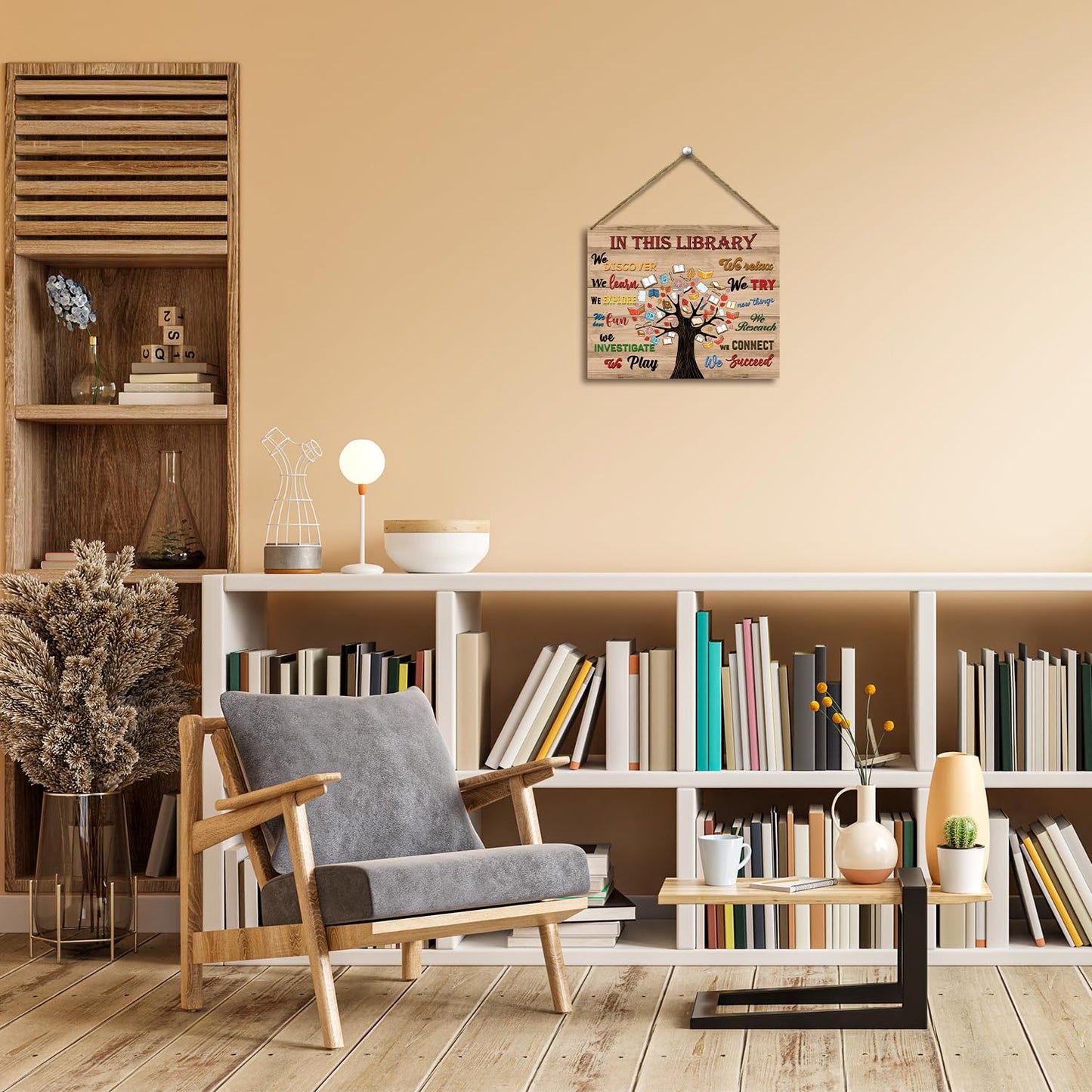 In This Library Wood Hanging Sign, Welcome Reading Room Art Wood Sign Plaque with Rope, Wall Wooden Plaque Hang Ornament, Study School Door Shelf Decor Supplies, Inspirational Christmas Gift -60