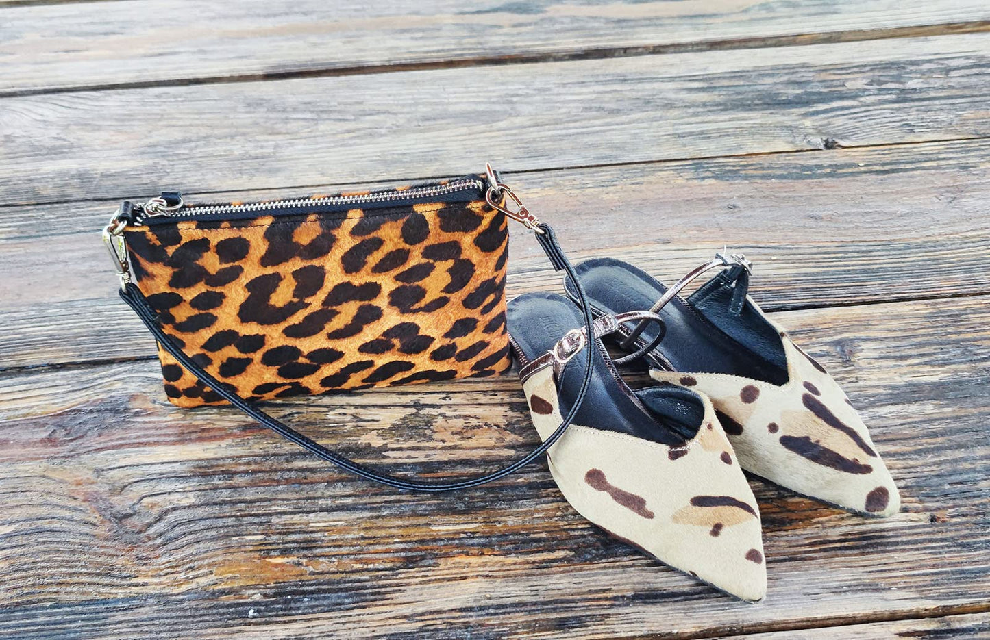Leopard Print Purse [ Calf Hair on Hide Leather] Fur Clutch [Luxury Exclusive] Wild Animal Pattern Vintage [Small] Evening Bag Winter Envelope Chain Underarm