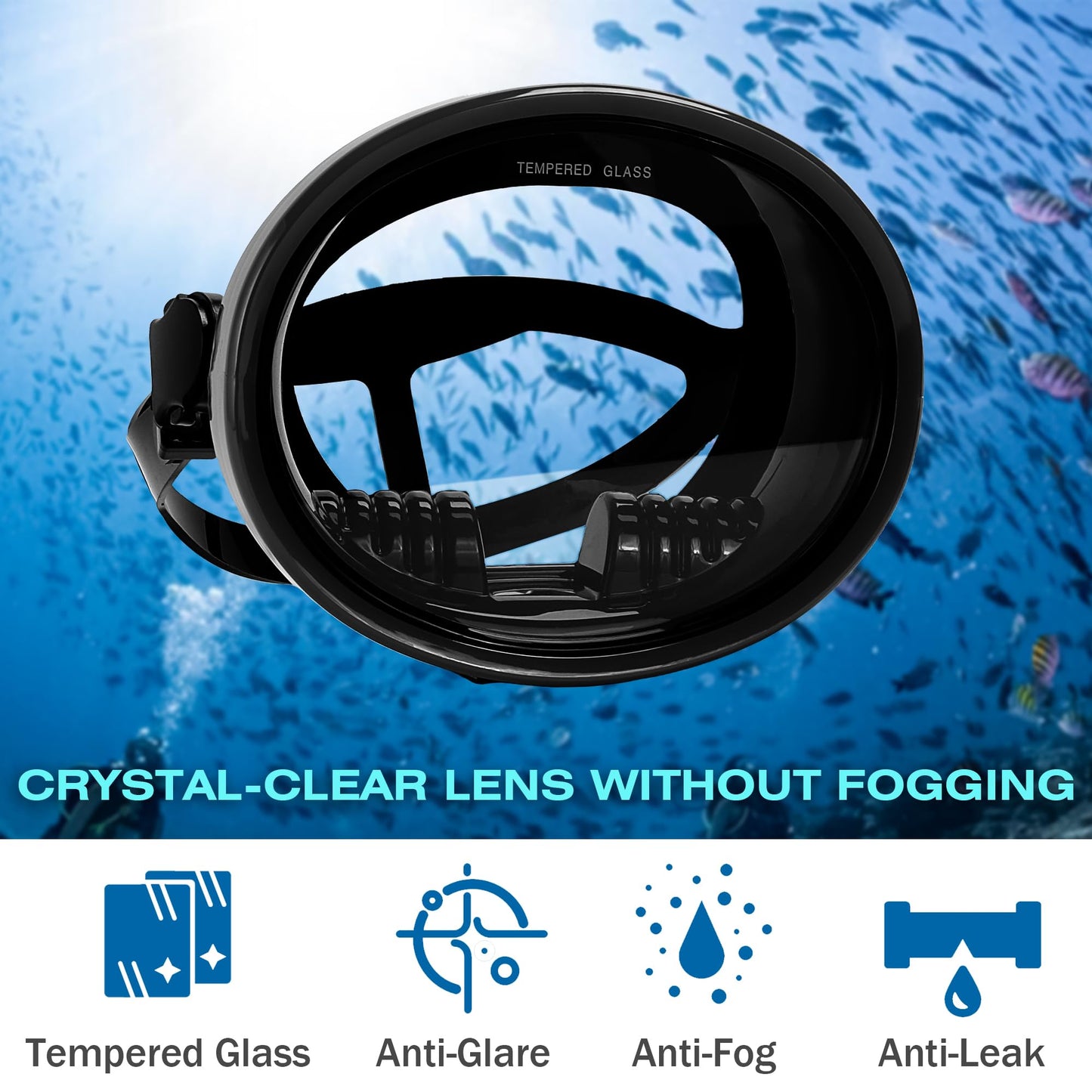 Mikinya Diving Mask Scuba Snorkeling & Spearfishing Gear for Adults, Freediving Mask with Anti-Fog Tempered Glass, HD Wide View Lens, Comfortable Water Goggles (Black + Black)