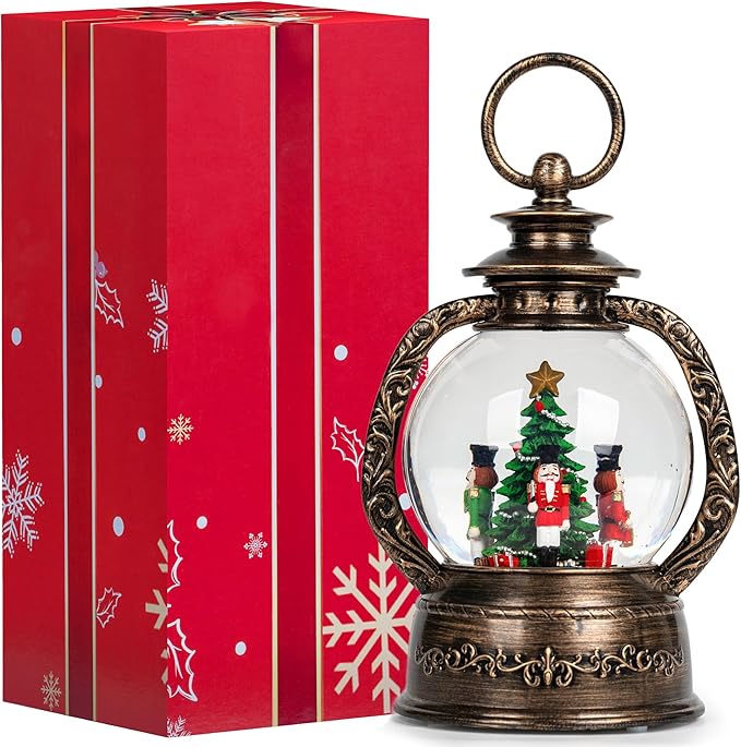 Christmas Snow Globe Lantern Water Glittering Nutcrackers with Music & Timer, USB Lined/Battery Operated Lighted Lantern for Christmas Festival Decoration Gifts