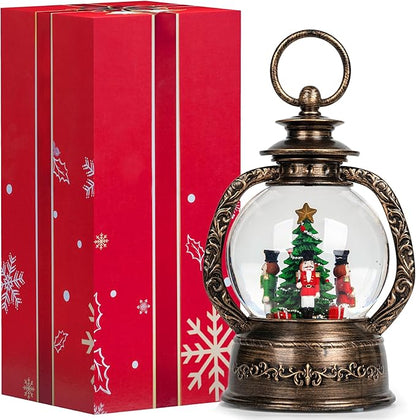 Christmas Snow Globe Lantern Water Glittering Nutcrackers with Music & Timer, USB Lined/Battery Operated Lighted Lantern for Christmas Festival Decoration Gifts