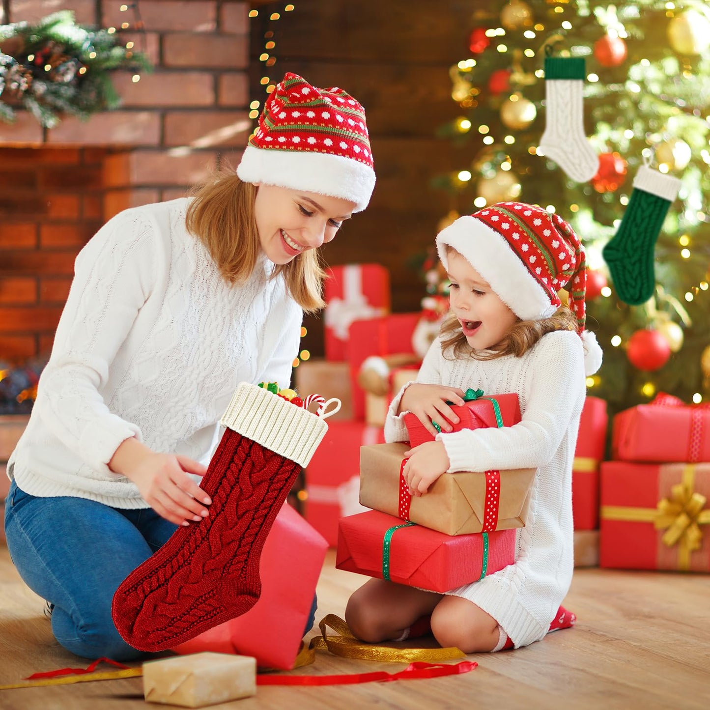 PETOX 2 Pack 18" Personalized Christmas Stockings, 18inch Large Cable Knitted Xmas Hanging Stocking Decorations for Holiday Christmas Party Family Decor (Lvory/Burgundy)