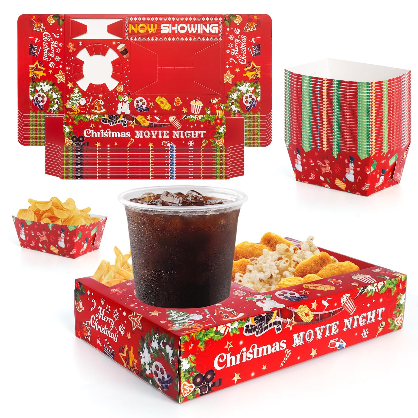 48 Pcs Christmas Party Supplies Movie Night Paper Snack Trays Xmas Party Decorations Christmas Birthday Favors Snowman Family Movie Popcorn&Drink&Candy Box
