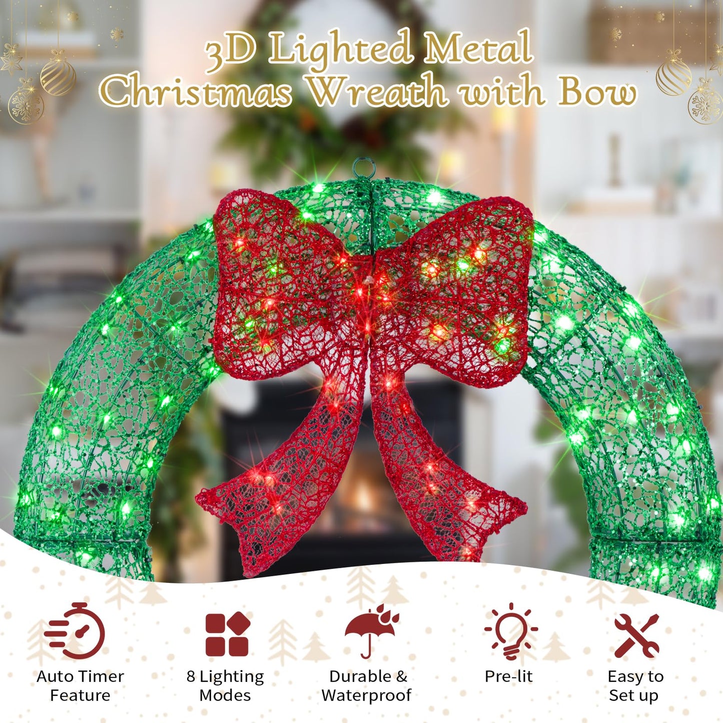 24" Pre-Lit Outdoor Christmas Wreath with 140 LED Lights and Bow, Lighted Metal Christmas Wreath Decoration with Timer Function for Xmas Home Wall Front Door Window Garage (Golden/Red, 24in)