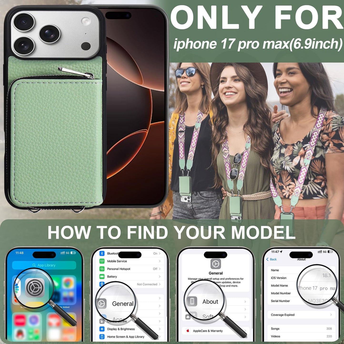 XANGNIER Wallet Case for iPhone 17 Pro Max with Strap, RFID Blocking PU Leather Crossbody Phone Purse with Card Holder, Zipper Pocket, Wrist Strap & Adjustable Lanyard for Women 6.9" 5G,Green