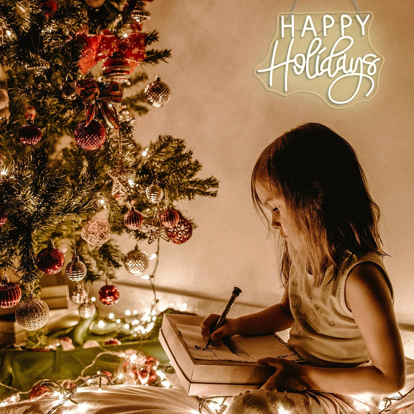 Horseneon Happy Holidays Neon Sign Merry Christmas Neon Signs for Wall Decor Christmas Tree Neon Light LED Sign with USB Powered for Party, Windows, Home Decor, Bedroom, Living room Warm