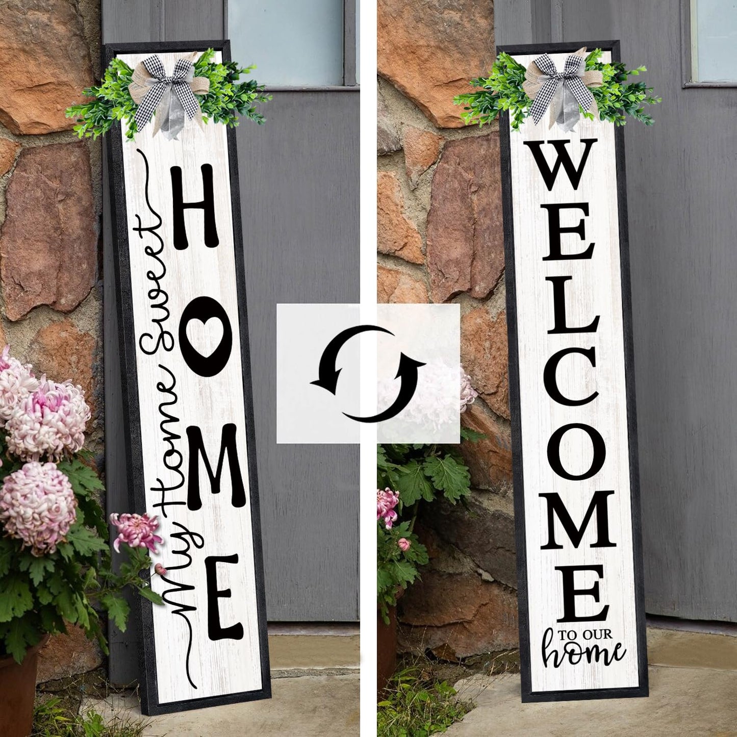 Double-sided Welcome Sign for Front Door, 45"X9" Wooden Welcome to Our Home Outdoor Welcome Signs for Porch with Magnetic-adhesive Wreath, 2in1 Vertical Tall Welcome Porch Sign, Black