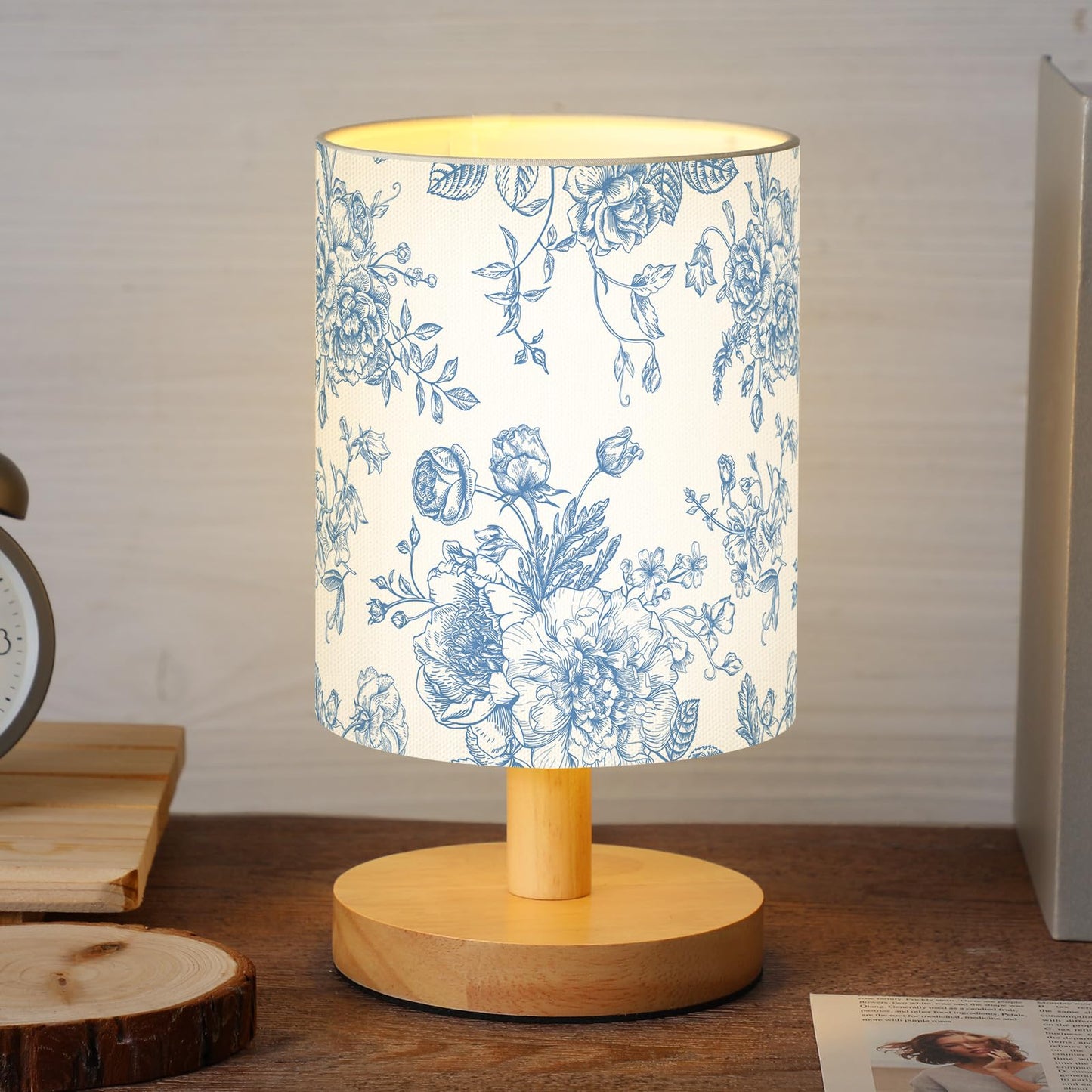 VIHOSE Blue Floral Kids Table Lamp for Bedroom Kids Bedside Lamp with Linen Wooden Nightstand Cartoon Nursery Lampshade for Girls Boys Living Room